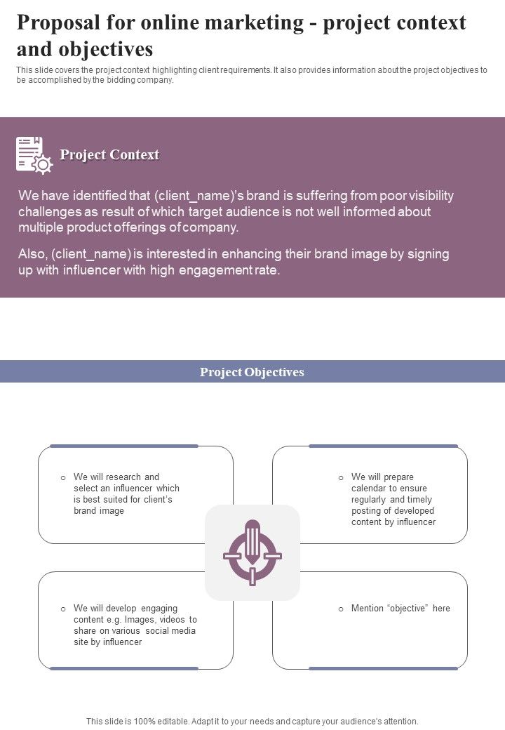 Proposal For Online Marketing Project Context And Objectives One Pager Sample Example Document Slide01