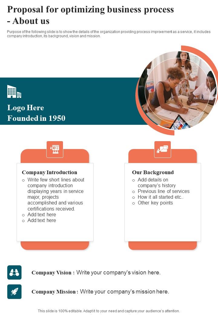 Proposal For Optimizing Business Process About Us One Pager Sample Example Document Slide01