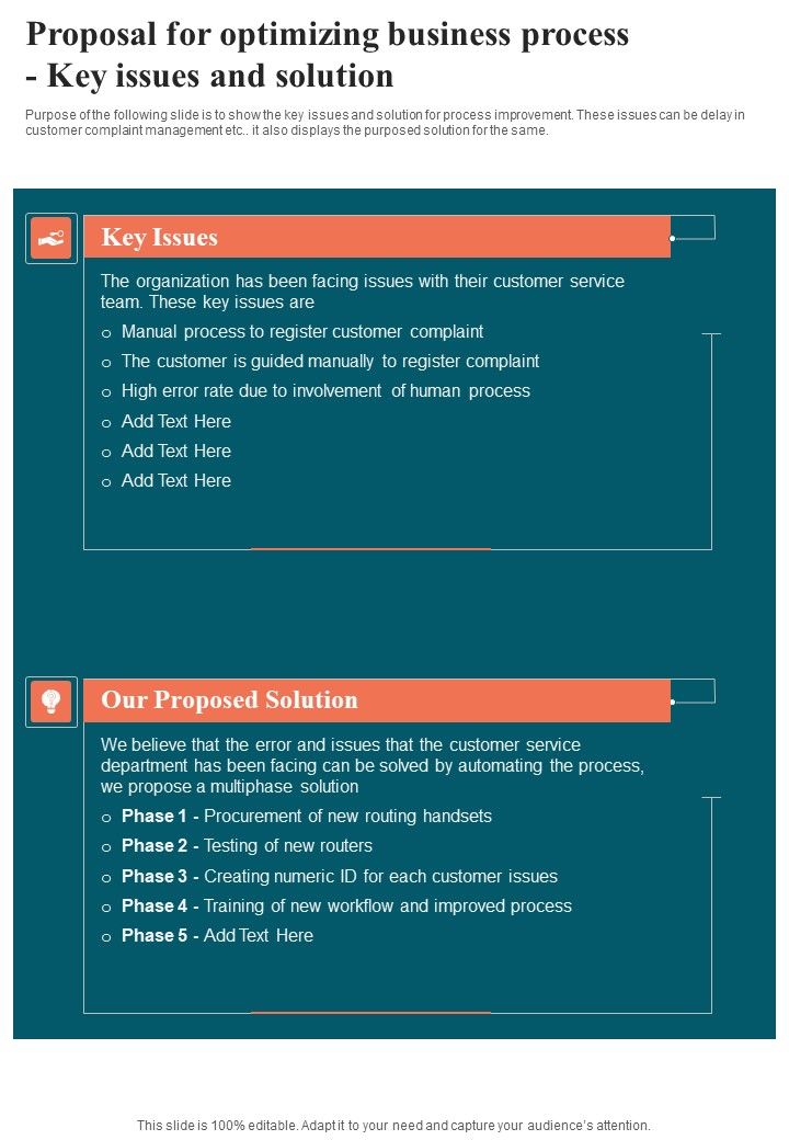 Proposal For Optimizing Business Process Key Issues And Solution One Pager Sample Example Document Slide01