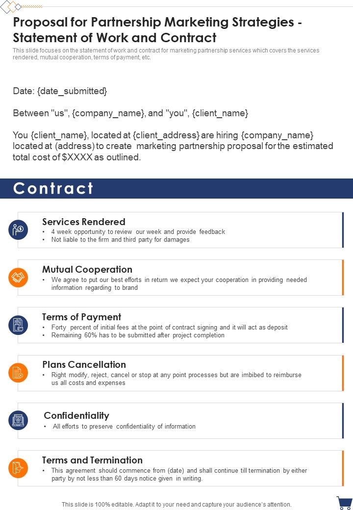 Proposal For Partnership Marketing Strategies Statement Of Work And Contract One Pager Sample Example Document Slide01