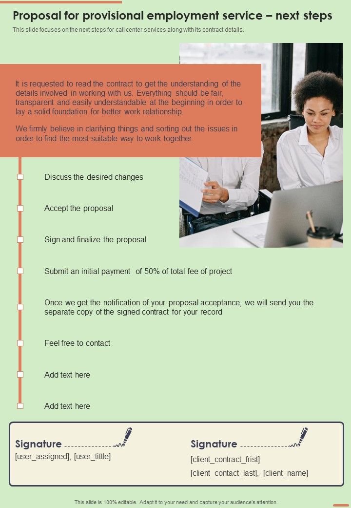 Proposal For Provisional Employment Service Next Steps One Pager Sample Example Document Slide01