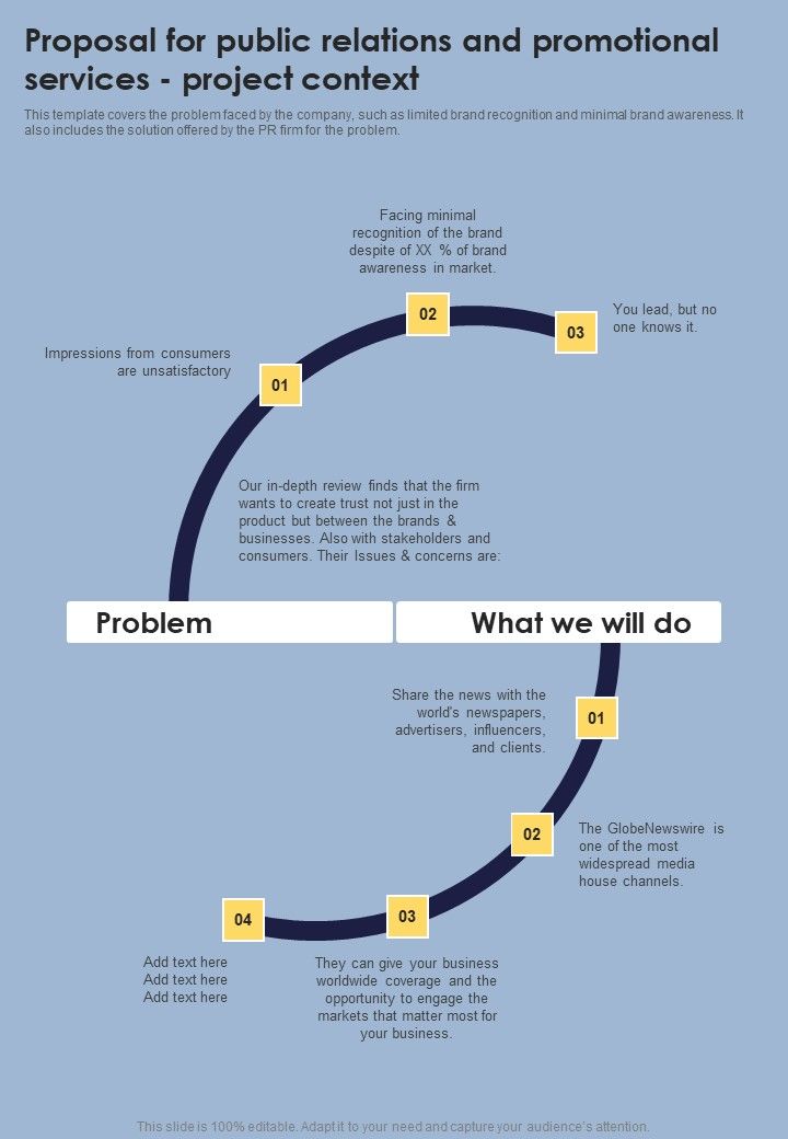 Proposal For Public Relations And Promotional Services Project Context One Pager Sample Example Document Slide01