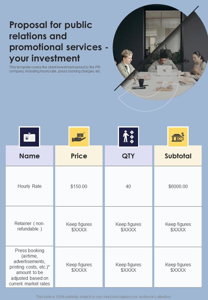 Proposal_For_Public_Relations_And_Promotional_Services_Your_Investment_One_Pager_Sample_Example_Document_Slide_1.jpg