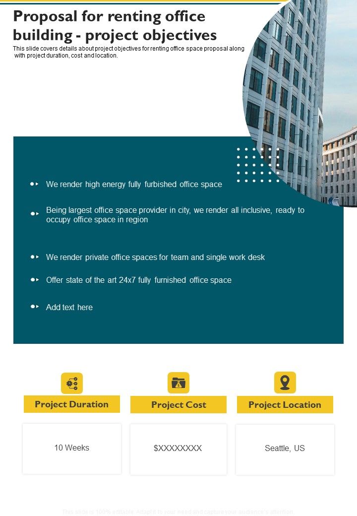 Proposal For Renting Office Building Project Objectives One Pager Sample Example Document Slide01