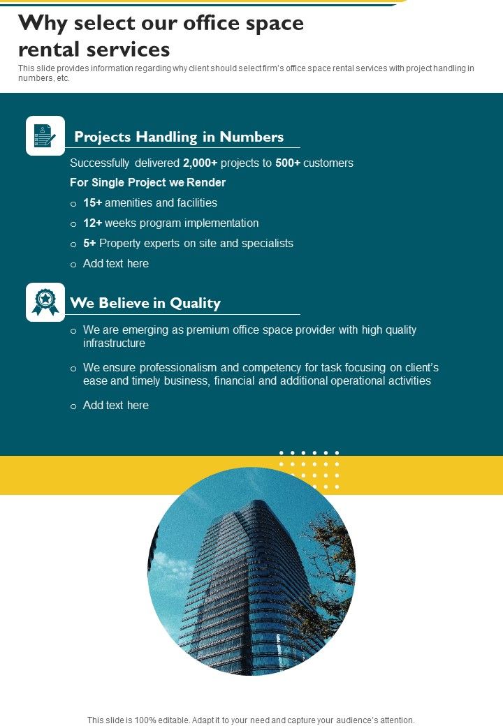 Proposal For Renting Office Building Why Select Our Office Space One Pager Sample Example Document Slide01