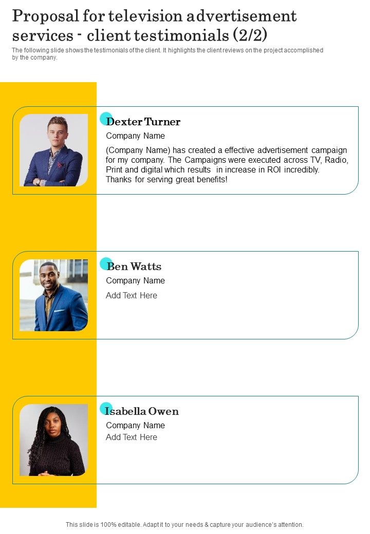 Proposal For Television Advertisement Services Client Testimonials One Pager Sample Example Document