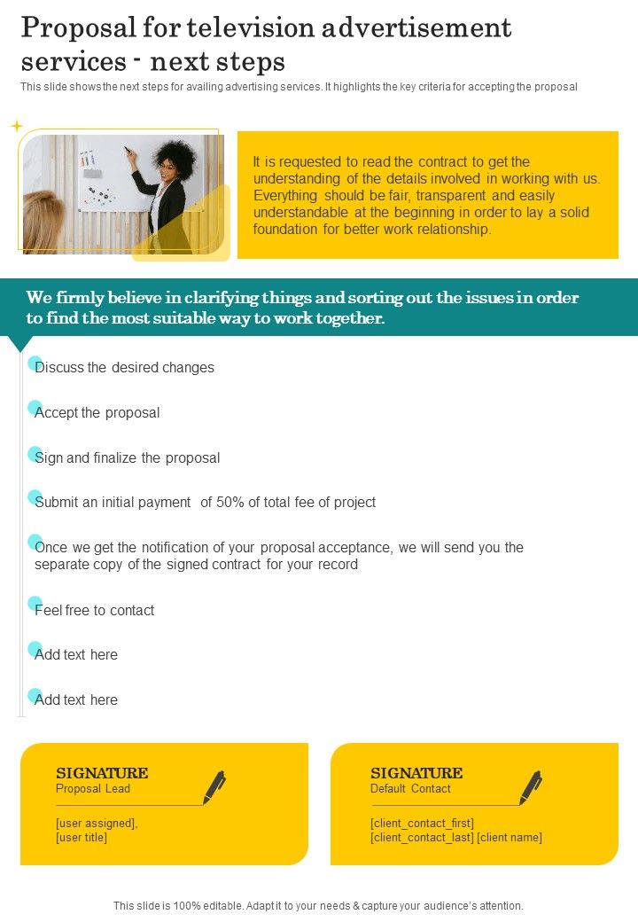 Proposal For Television Advertisement Services Next Steps One Pager Sample Example Document Slide01