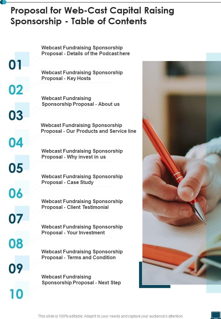 Proposal For Web Cast Capital Raising Sponsorship Table Of Contents One Pager Sample Example Document Slide01