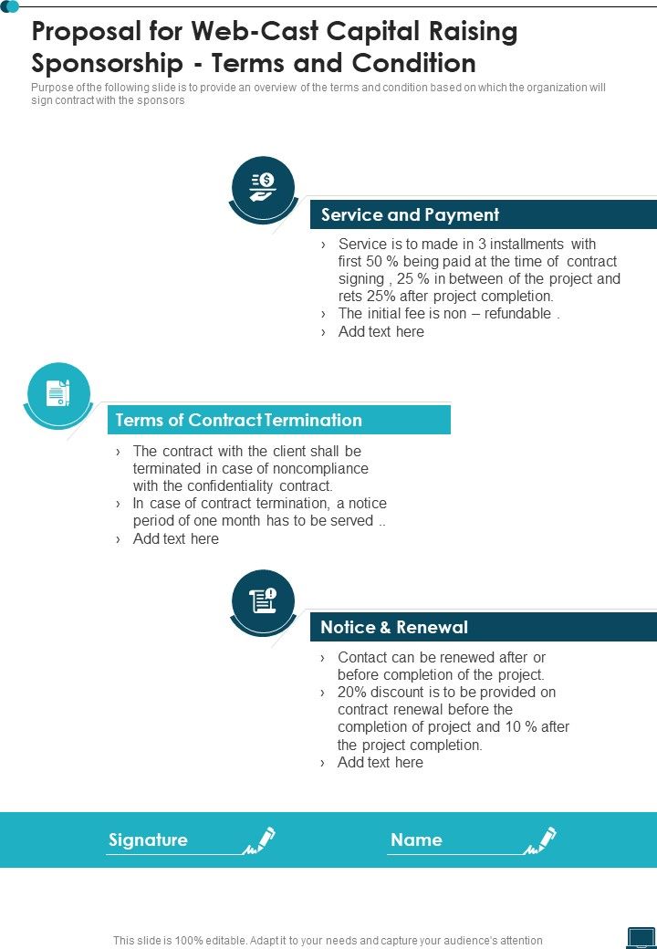 Proposal For Web Cast Capital Raising Sponsorship Terms And Condition One Pager Sample Example Document Slide01