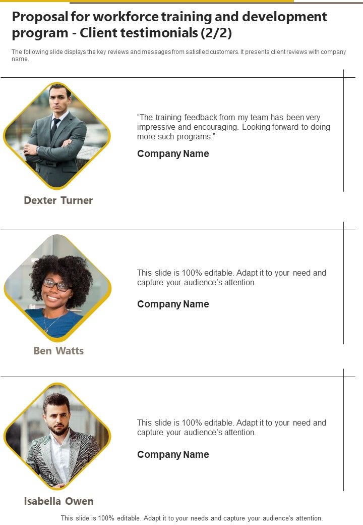 Proposal For Workforce Training And Development Program Client Testimonials One Pager Sample Example Document