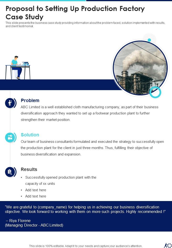 Proposal To Setting Up Production Factory Case Study One Pager Sample Example Document Slide01