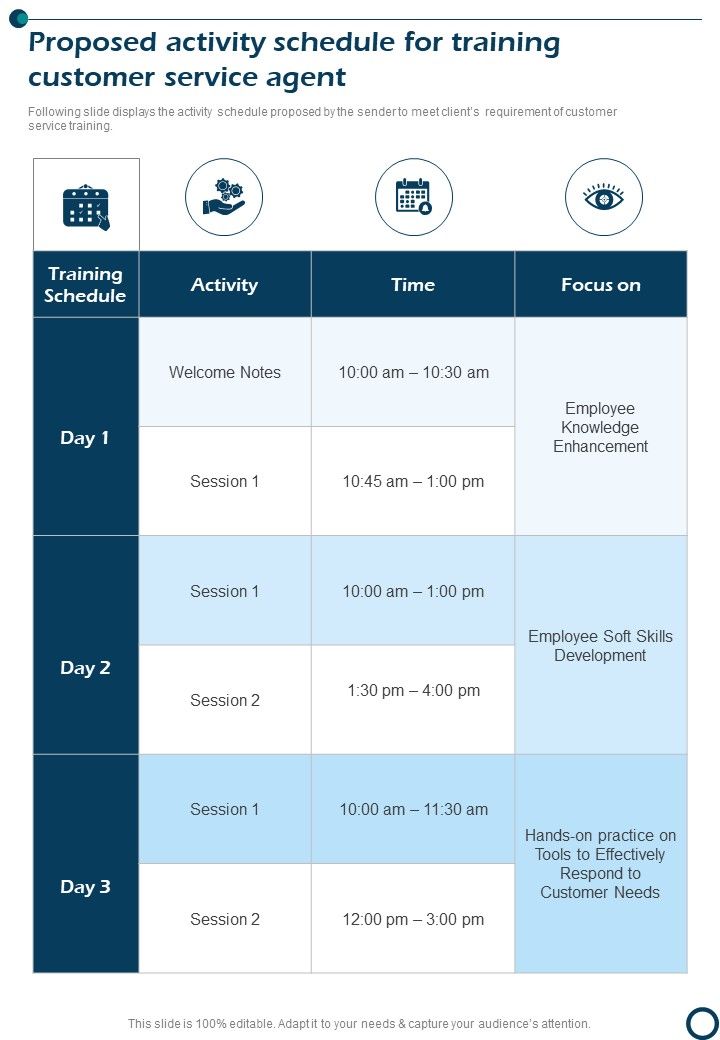 Proposed Activity Schedule For Training Customer Service Agent One Pager Sample Example Document Slide01