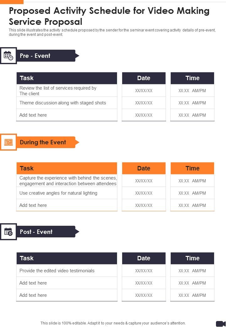 Proposed Activity Schedule For Video Making Service Proposal One Pager Sample Example Document Slide01