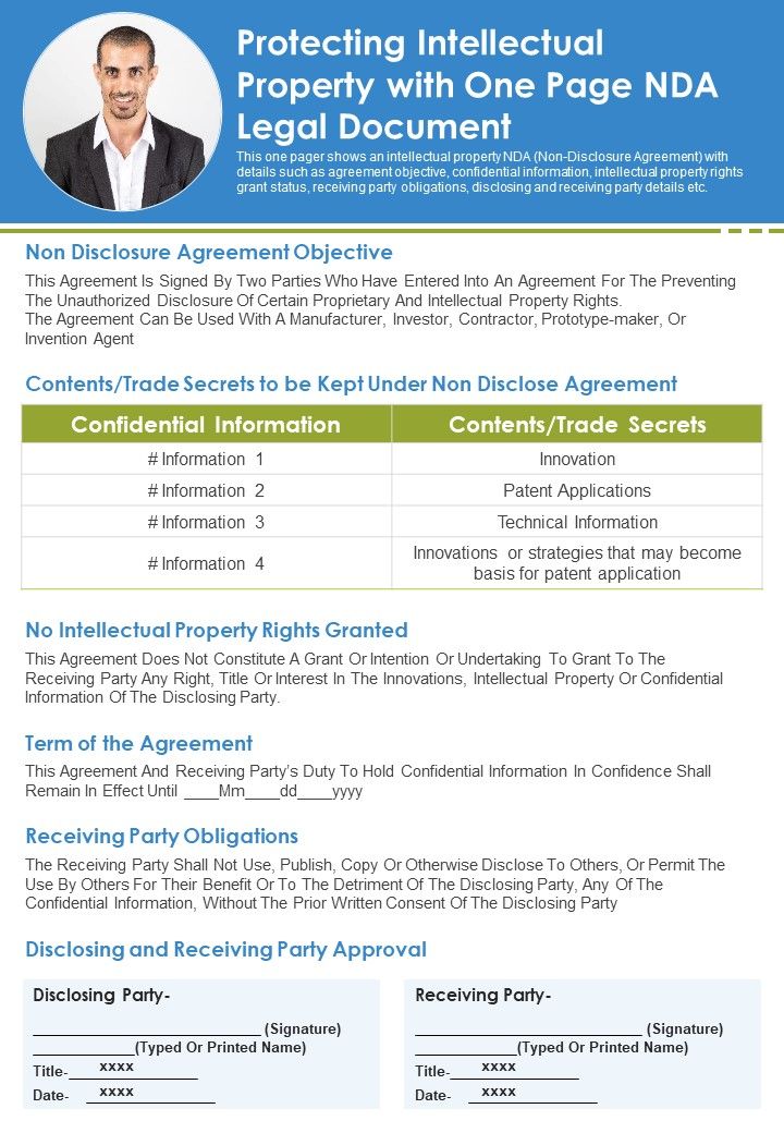 Protecting Intellectual Property With One Page NDA Legal Document PDF Document PPT Template Slide01