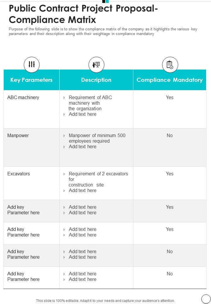 Public Contract Project Proposal Compliance Matrix One Pager Sample Example Document Slide01
