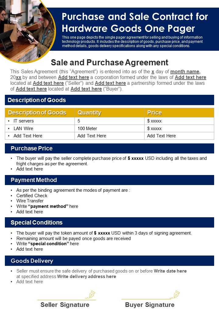 Purchase And Sale Contract For Hardware Goods One Pager PDF Document PPT Template Slide01