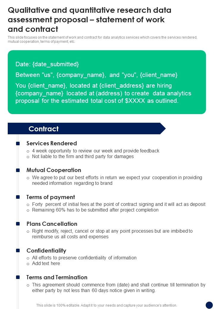 Qualitative And Quantitative Research Data Assessment Statement Of Work One Pager Sample Example Document Slide01