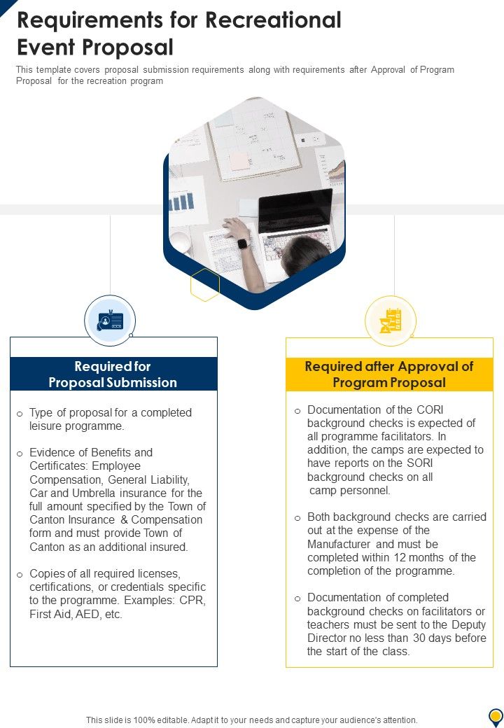 Requirements For Recreational Event Proposal One Pager Sample Example Document Slide01