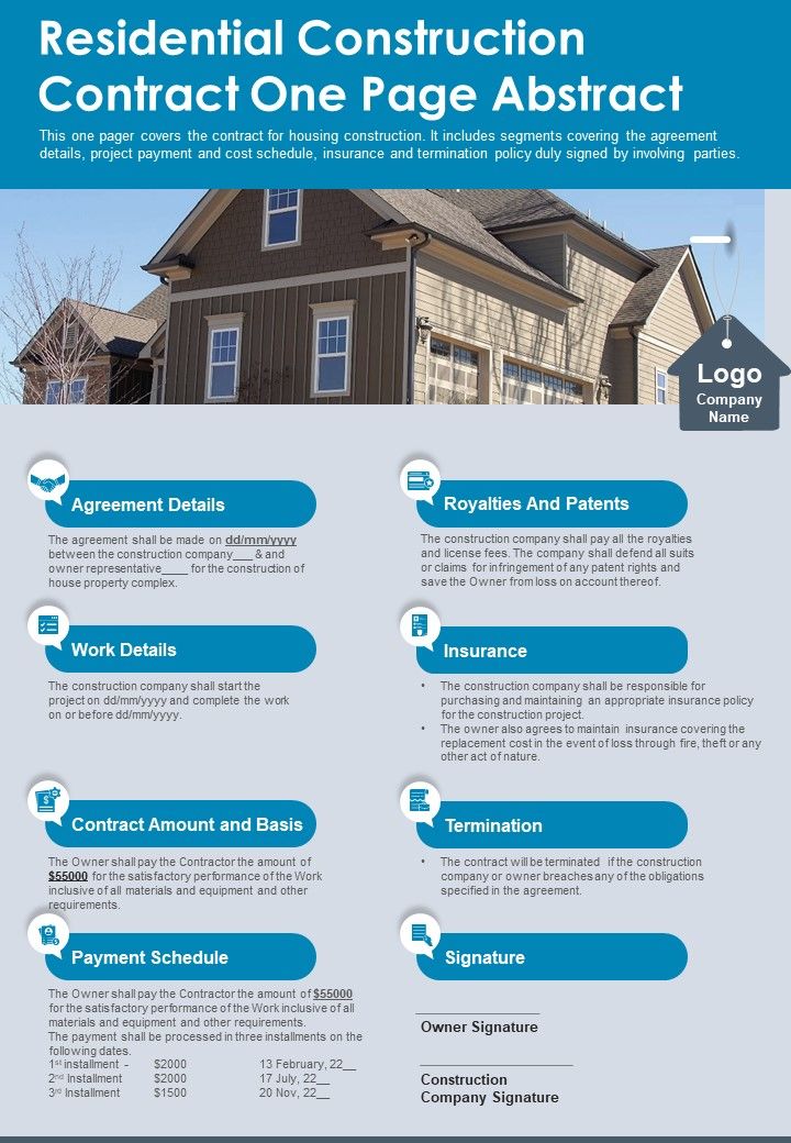 Residential Construction Contract One Page Abstract PDF Document PPT Template Slide01