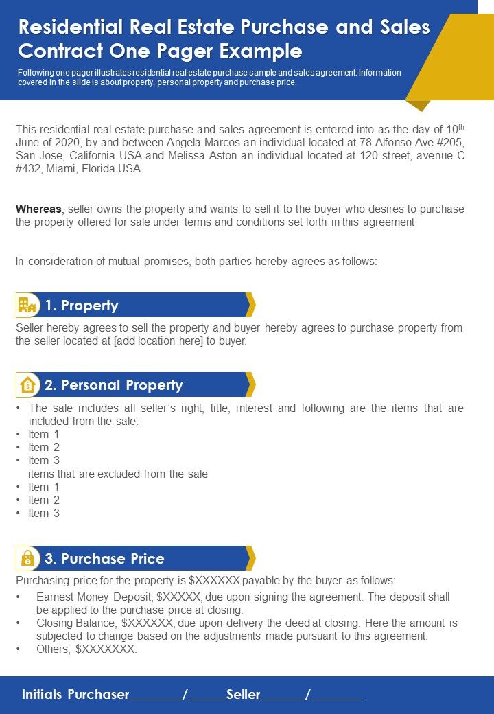Residential Real Estate Purchase And Sales Contract One Pager Example PDF Document PPT Template Slide01