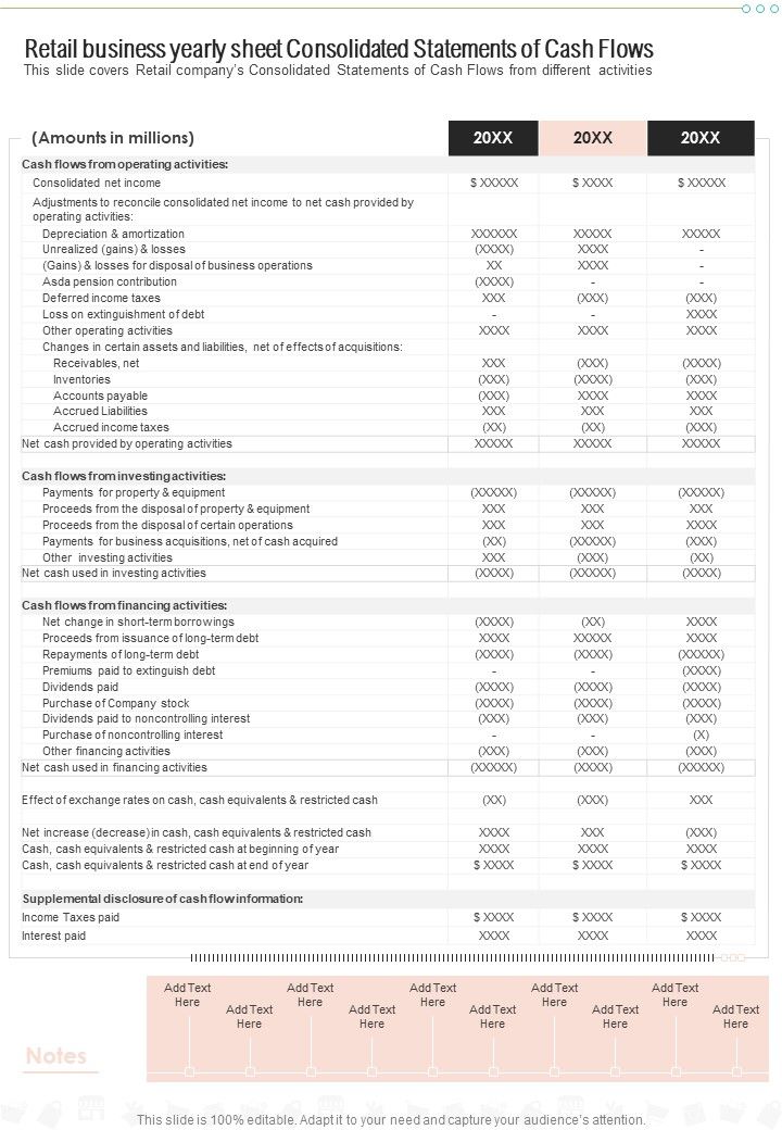 Retail Business Yearly Sheet Consolidated Statements Of Cash Flows One Pager Documents Slide01