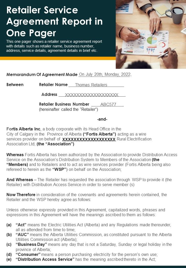 Retailer Service Agreement Report In One Pager PDF Document PPT Template Slide01