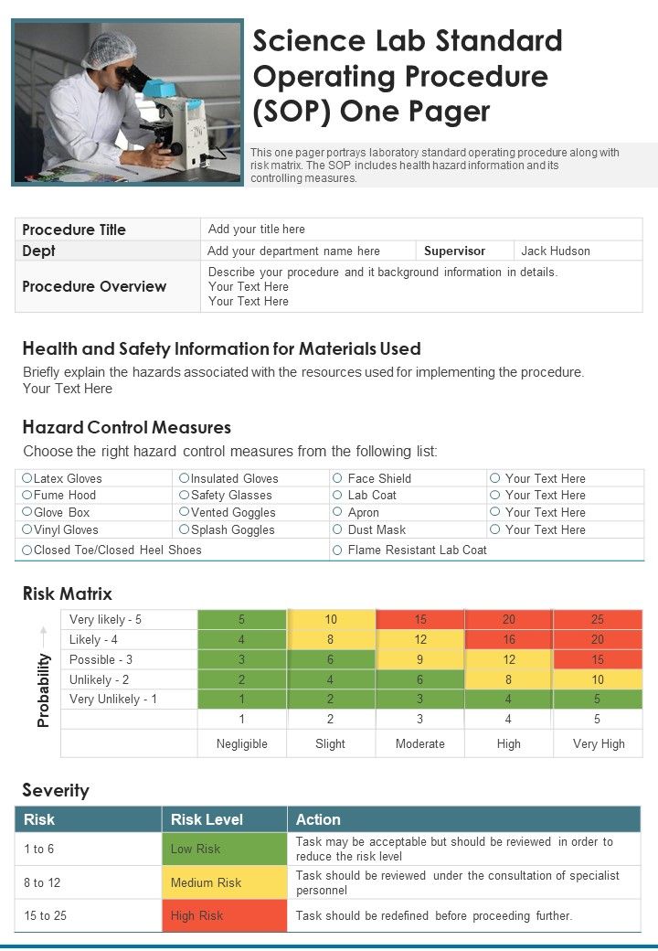 Science Lab Standard Operating Procedure SOP One Pager PDF Document PPT Template Slide01