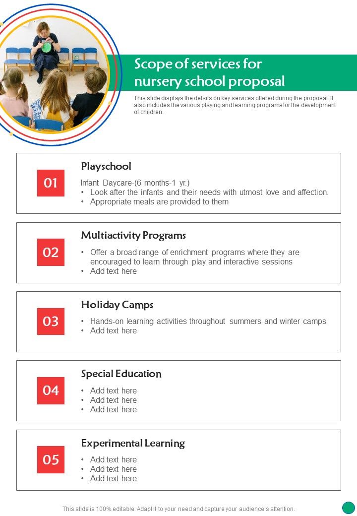 Scope Of Services For Nursery School Proposal One Pager Sample Example Document Slide01