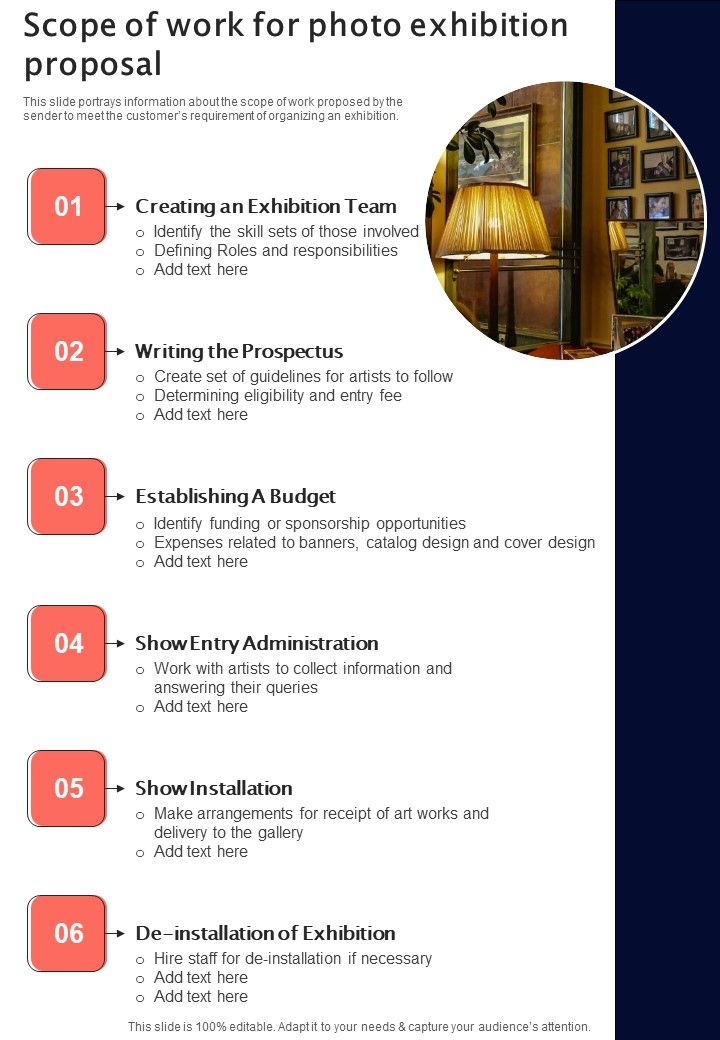 Scope Of Work For Photo Exhibition Proposal One Pager Sample Example Document Slide01