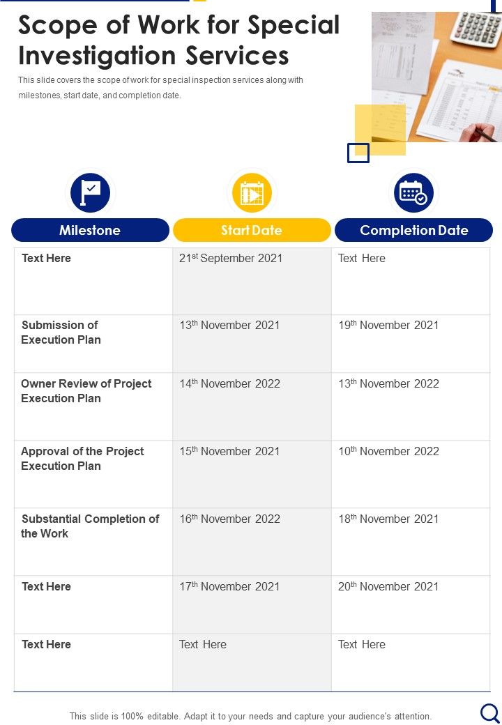 Scope Of Work For Special Investigation Services One Pager Sample Example Document Slide01