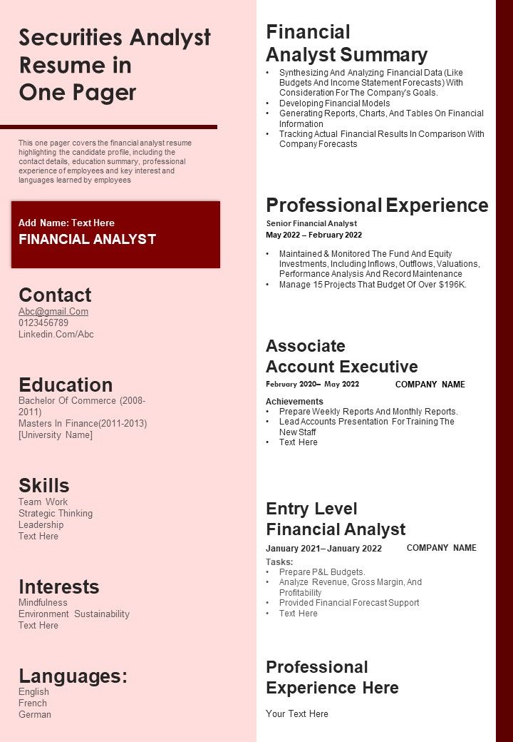 Securities Analyst Resume In One Pager PDF Document PPT Template Slide01