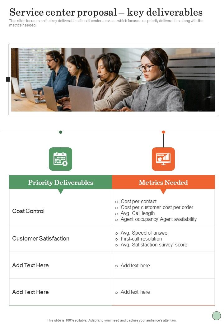 Service Center Proposal Key Deliverables One Pager Sample Example Document Slide01