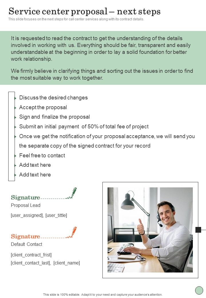Service Center Proposal Next Steps One Pager Sample Example Document Slide01