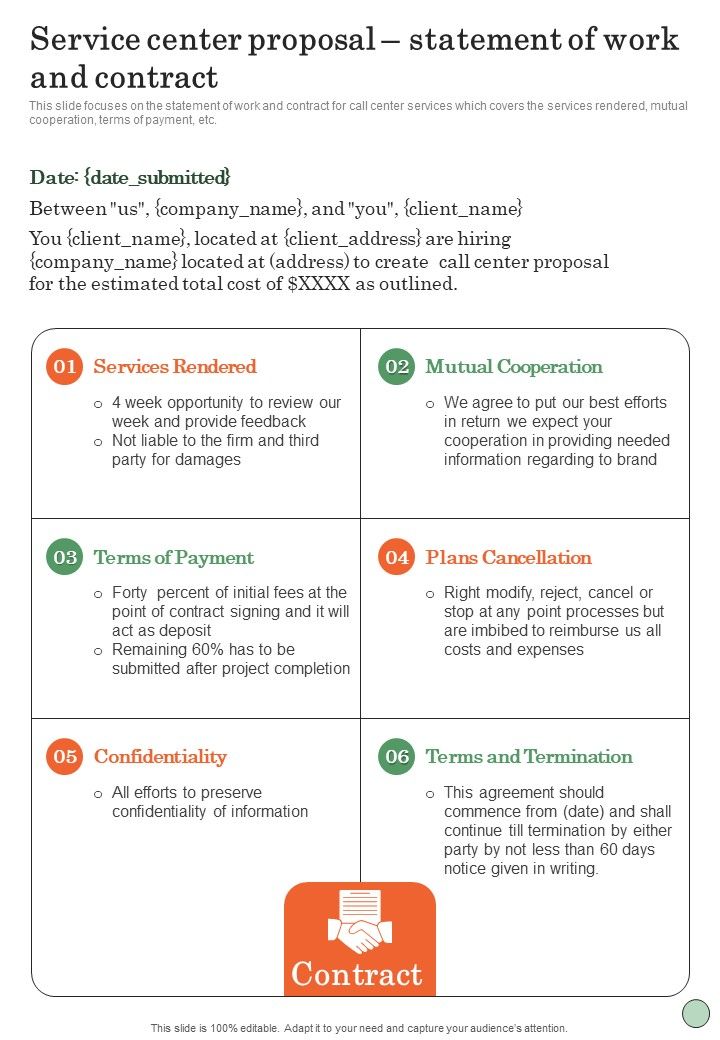Service Center Proposal Statement Of Work And Contract One Pager Sample Example Document Slide01