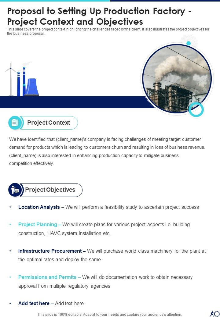 Setting Up Production Factory Project Context And Objectives One Pager Sample Example Document Slide01