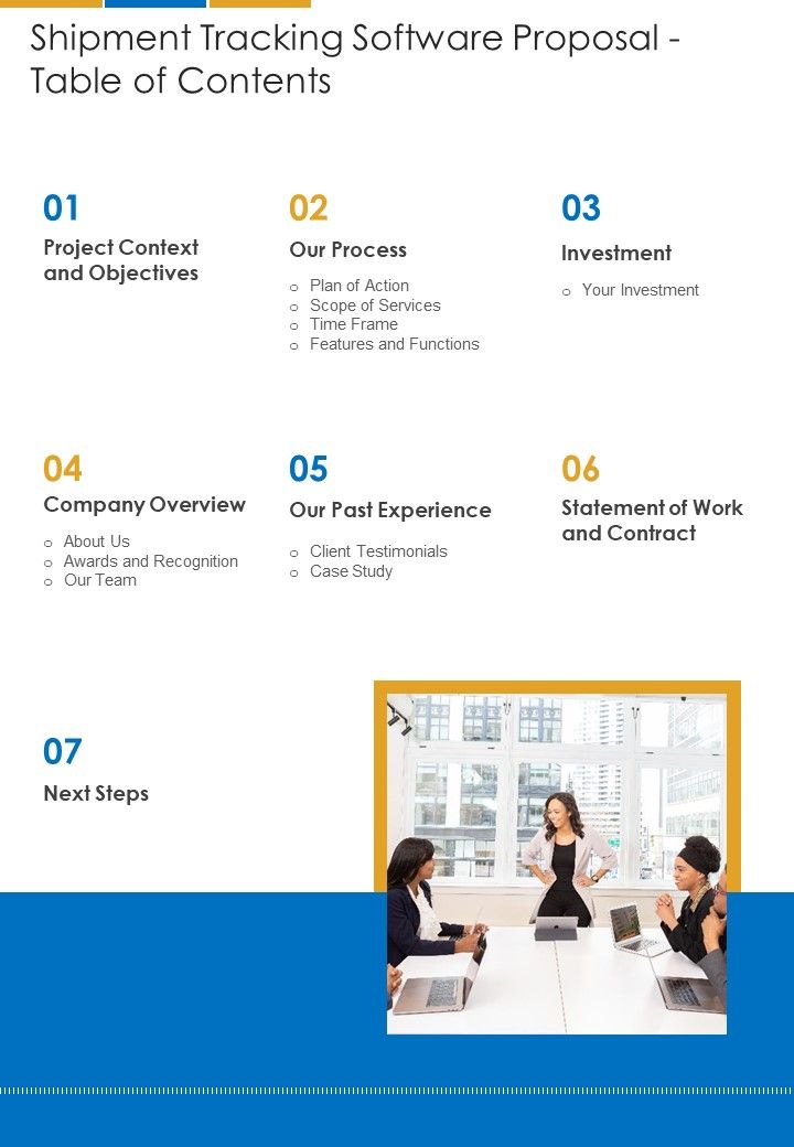 Shipment Tracking Software Proposal Table Of Contents One Pager Sample Example Document Slide01