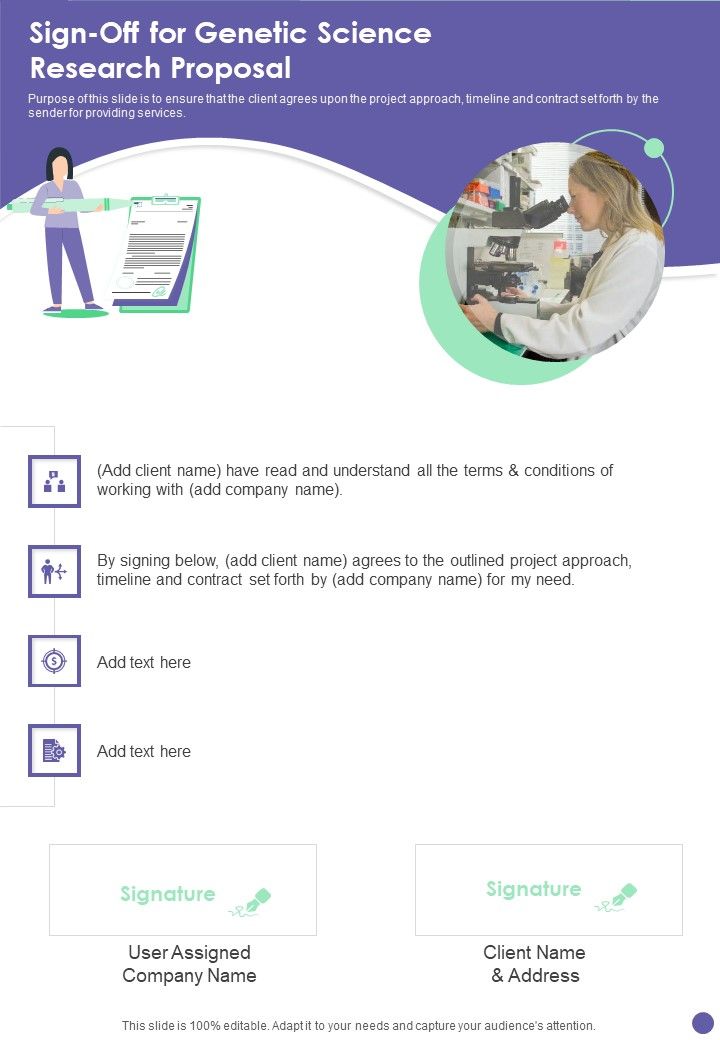 Sign Off For Genetic Science Research Proposal One Pager Sample Example Document Slide01