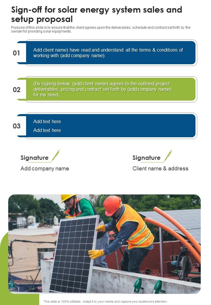 Sign Off For Solar Energy System Sales And Setup Proposal One Pager Sample Example Document Slide01