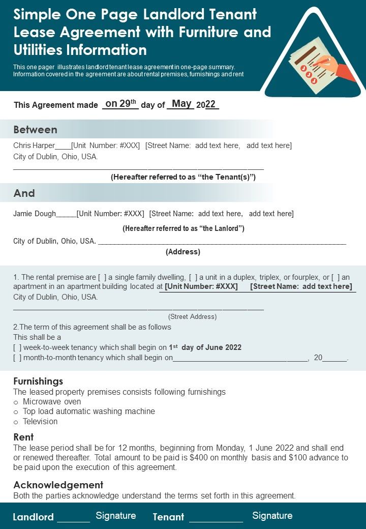 Simple One Page Landlord Tenant Lease Agreement With Furniture And Utilities Information PDF Document PPT Template Slide01