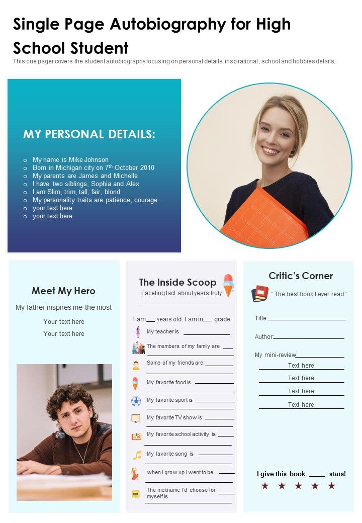 Single Page Autobiography For High School Student PDF Document PPT Template Slide01