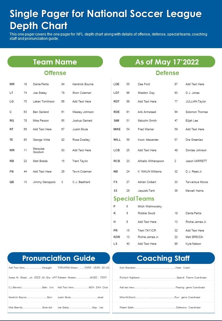 Single Pager For National Soccer League Depth Chart PDF Document PPT Template Slide01