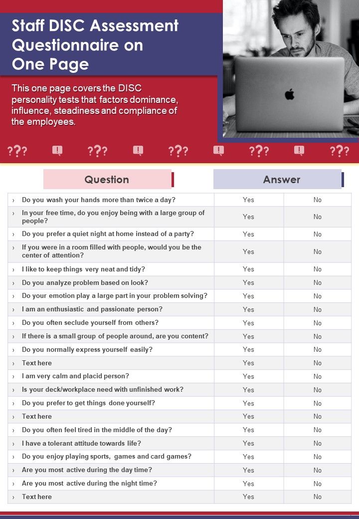 Staff DISC Assessment Questionnaire On One Page PDF Document PPT Template Slide01