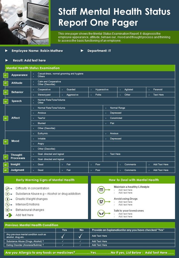 Staff Mental Health Status Report One Pager PDF Document PPT Template Slide01