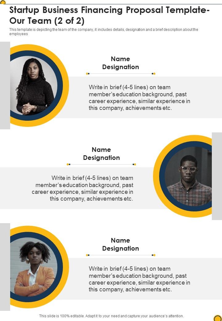 Startup Business Financing Proposal Template Our Team One Pager Sample Example Document