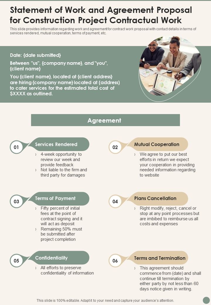 Statement Of Work And Agreement Construction Project Contractual Work Wd One Pager Sample Example Document Slide01