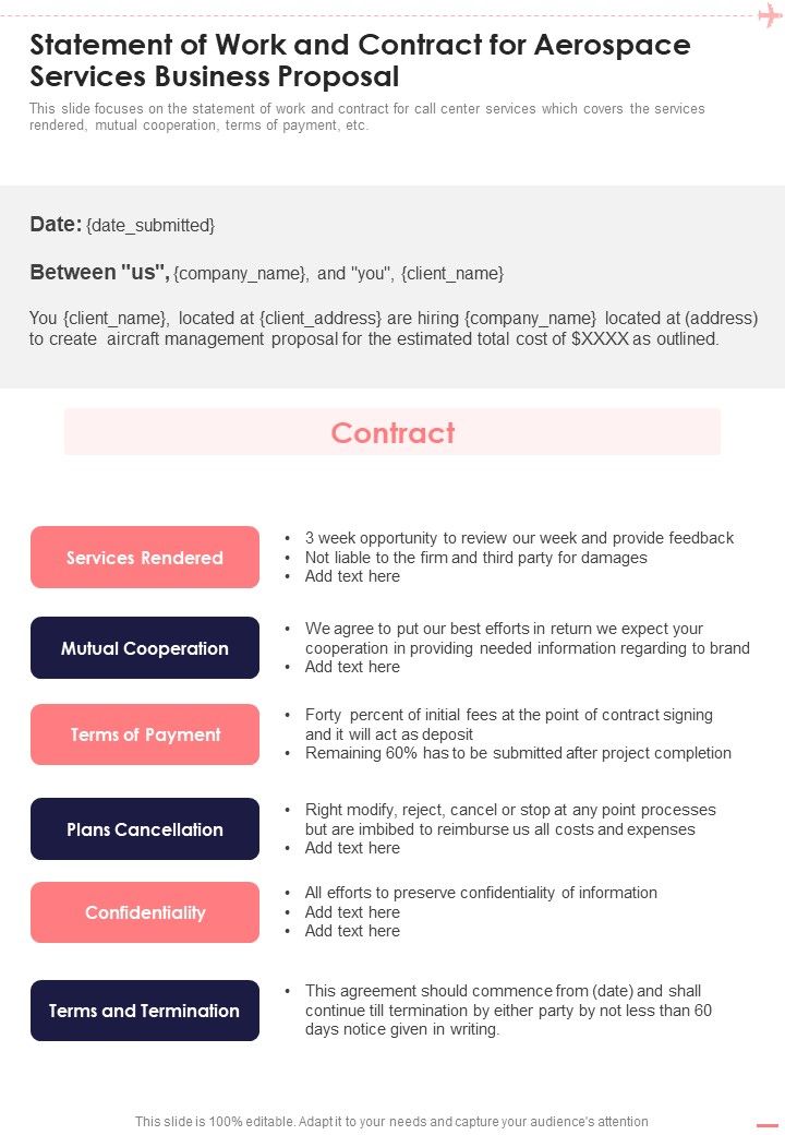 Statement Of Work And Contract For Aerospace Services Business Proposal One Pager Sample Example Document Slide01