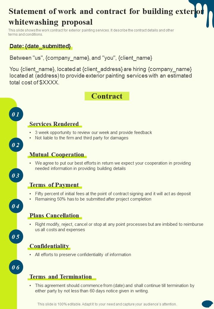 Statement Of Work And Contract For Building Exterior Whitewashing One Pager Sample Example Document Slide01