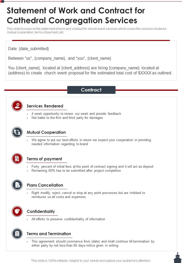 Statement Of Work And Contract For Cathedral Congregation Services One Pager Sample Example Document Slide01