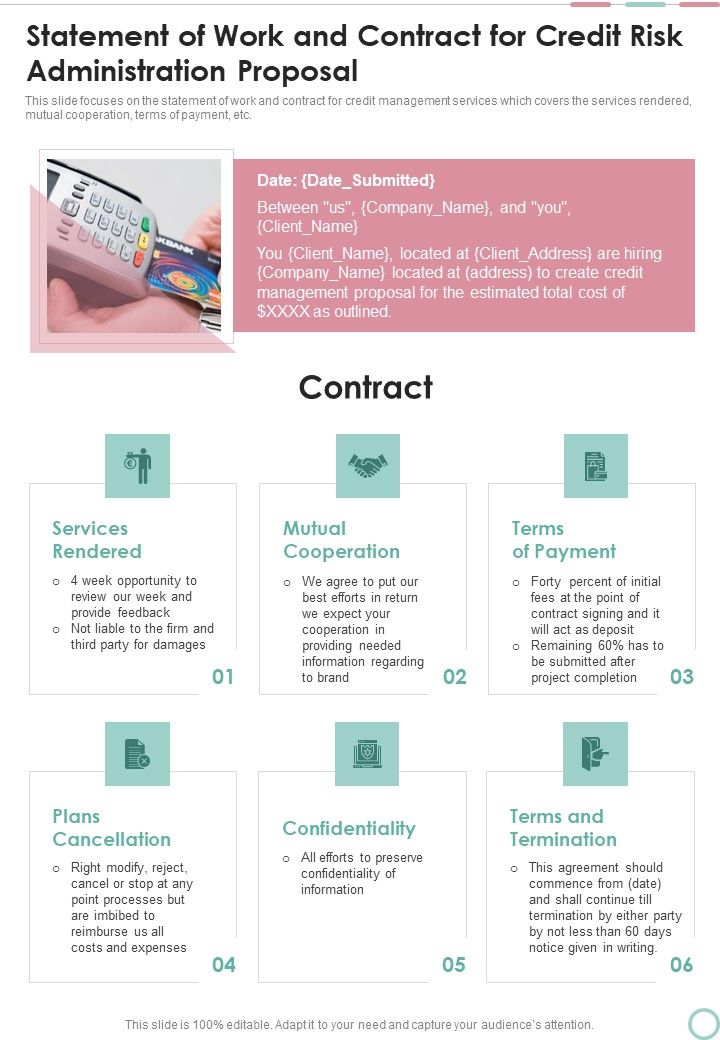 Statement Of Work And Contract For Credit Risk Administration Proposal One Pager Sample Example Document Slide01