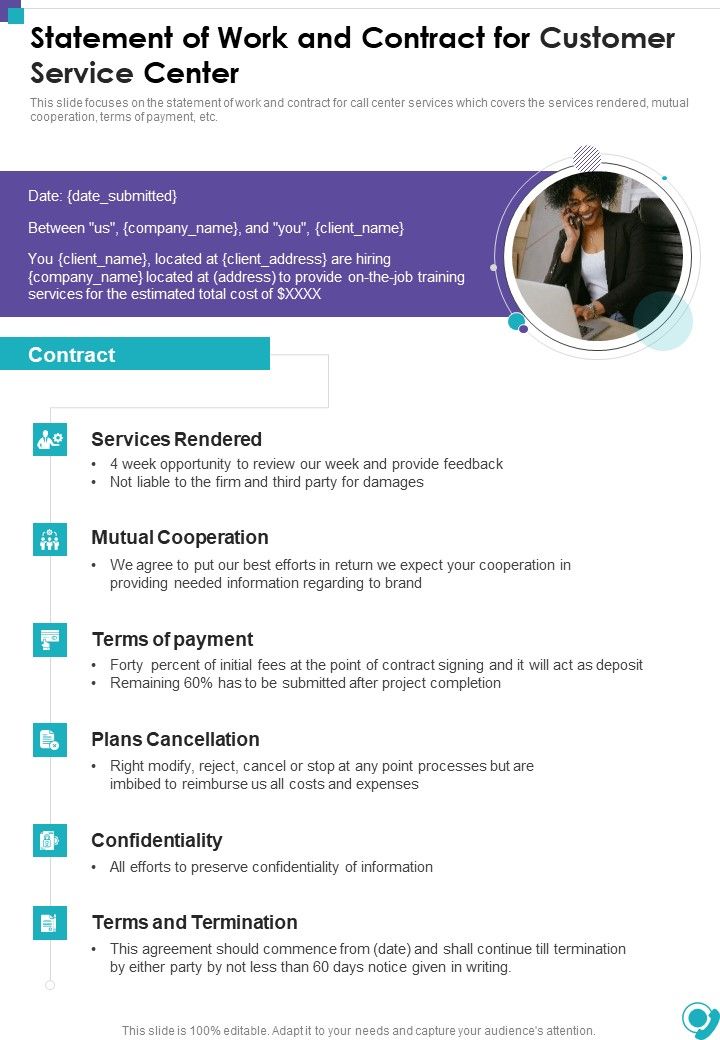 Statement Of Work And Contract For Customer Service Center One Pager Sample Example Document Slide01